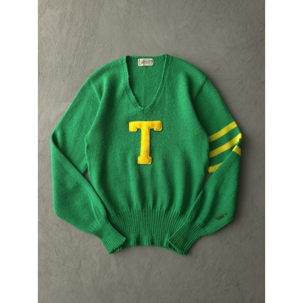 Vintage 1950s Green Wool Varsity Sweater V-neck Ballantyne Made In England M